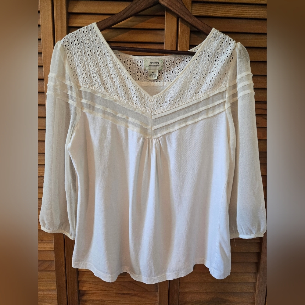 Cream Pleated 3/4 Sleeve Blouse with Eyelet Bib Collar.